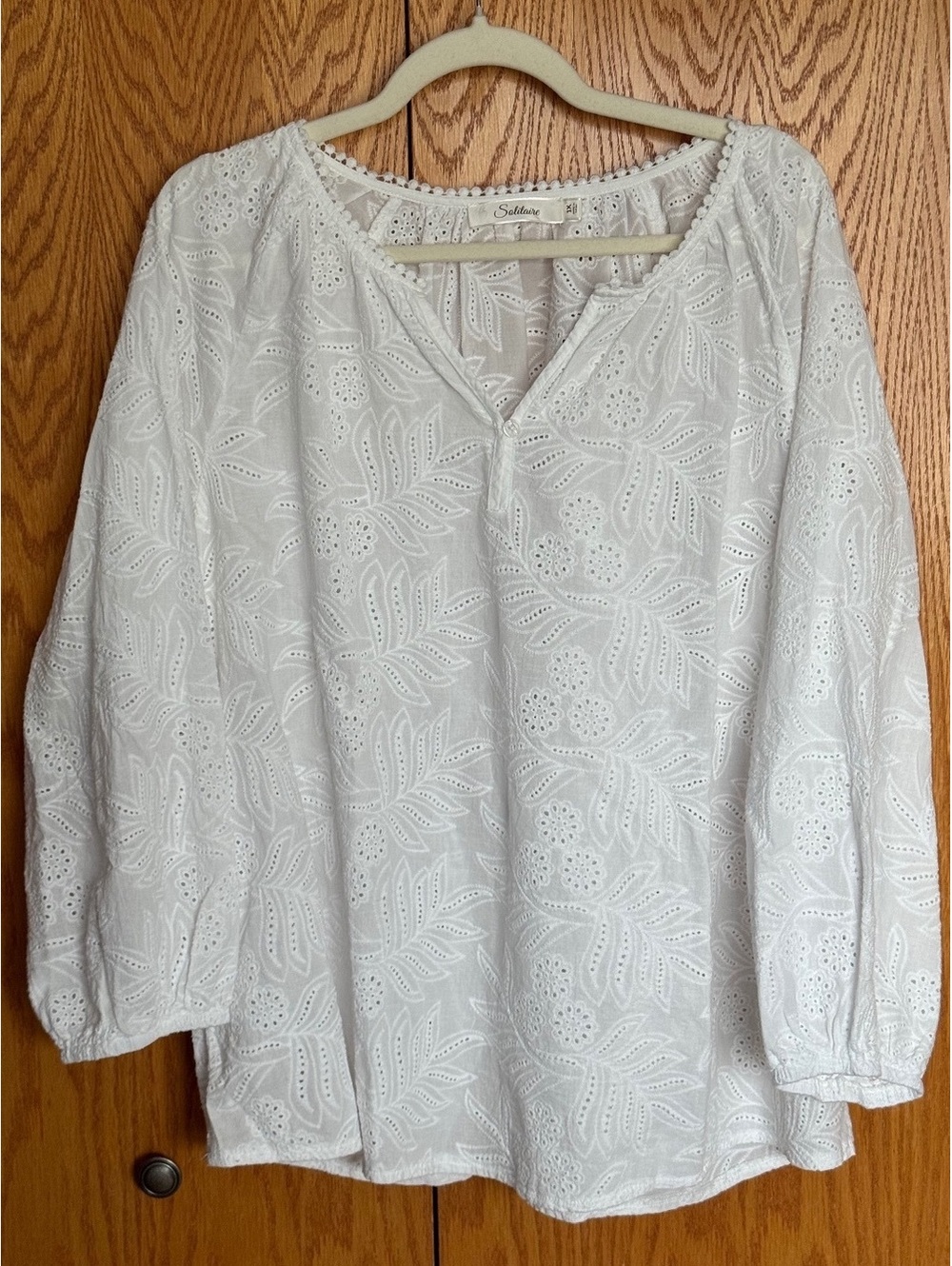 Solitaire 1X White Floral Eyelet Embroidered Blouse Boho 3/4 Sleeve Plus